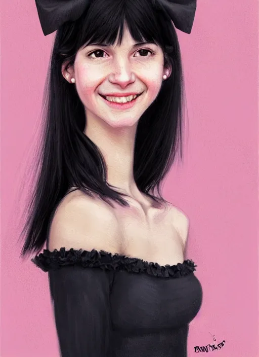 Image similar to portrait of teenage girl, realistic, black hair, bangs, half updo hairstyle, pointy nose, skinny, smile, ugly, defined jawline, big chin, pink hair bow, earrings, intricate, elegant, glowing lights, highly detailed, digital painting, artstation, sharp focus, illustration, art by wlop, mars ravelo and greg rutkowski