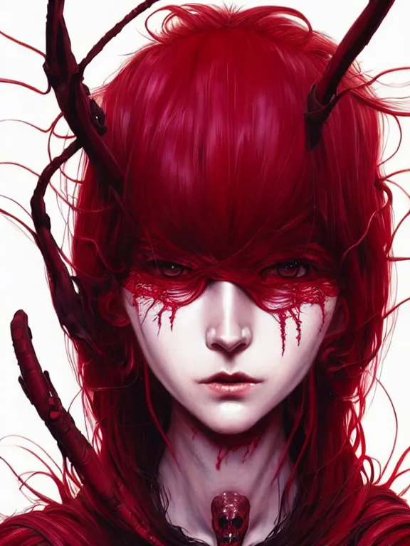 Image similar to close up picture of a red witch with exoskeleton, bored, coveted, beautiful and aesthetic, intricate, unreal engine, messy hair, highly detailed, detailed face, smooth, sharp focus, chiaroscuro, manga illustration, artgerm, greg rutkowski, ilya kuvshinov, rossdraws, alphonse mucha, young adult light novel cover art