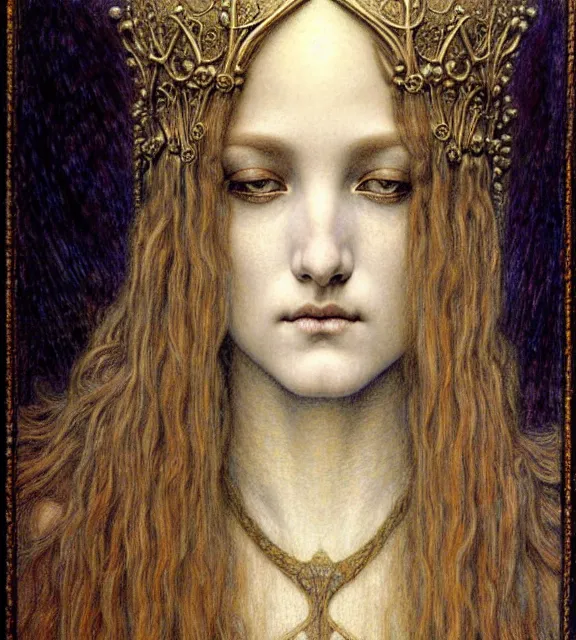 Image similar to detailed realistic beautiful young medieval queen face portrait by jean delville, gustave dore and marco mazzoni, art nouveau, symbolist, visionary, gothic, pre - raphaelite. horizontal symmetry