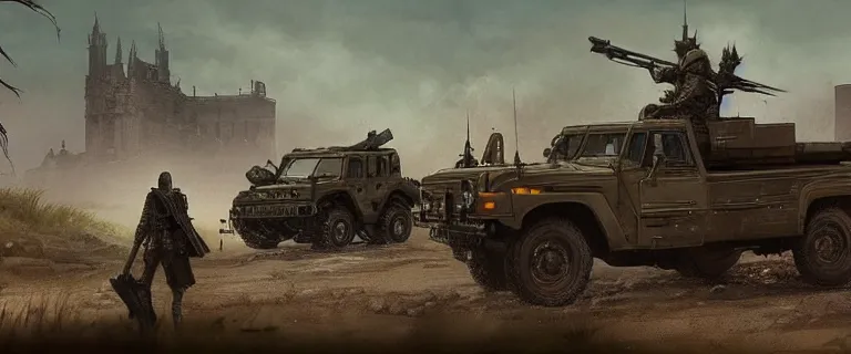 Image similar to Humvee with a mounted M249 (1985) and with personnel, Dark Souls 3, a grim fantasy, Anor Londo, dramatic lighting, cinematic, establishing shot, extremely high detail, photorealistic, cinematic lighting, artstation, by simon stalenhag