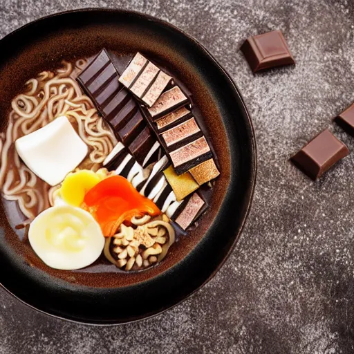 Image similar to chocolate bars in a bowl of ramen, professional food photography, gastronomy magazine