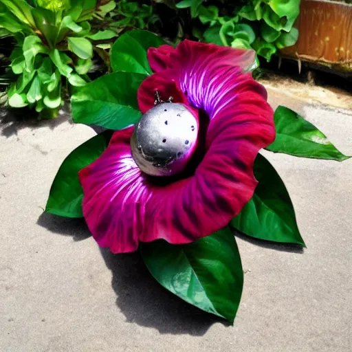 Image similar to a hibiscus flower, cybernetic, made of metal, shiny, glowing