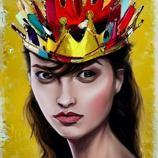 Image similar to an elegant yellow!! bird!!! wearing a crown!!! and a red! bow!! tie!!, painting in the style of sandra chevrier, very very beautiful, high quality, detailed, 4k, digital art, artstation, smooth