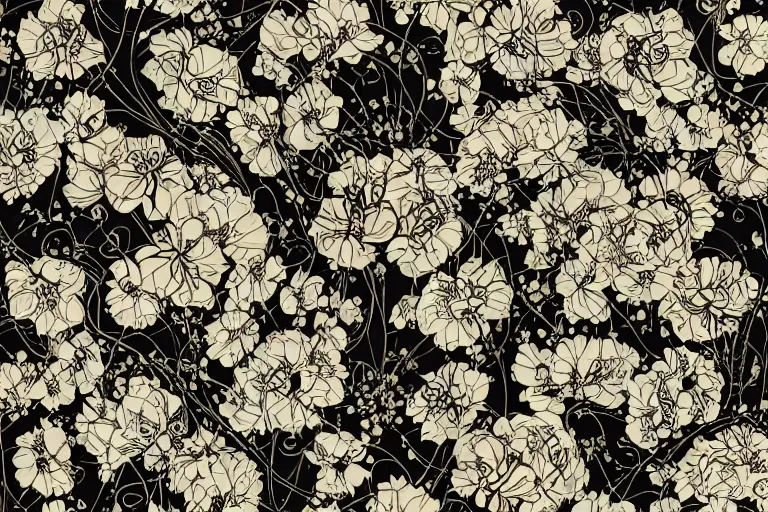 Image similar to elegant pattern of rustic flowers isolated in a black background : : art nouveau, by rafał olbinski
