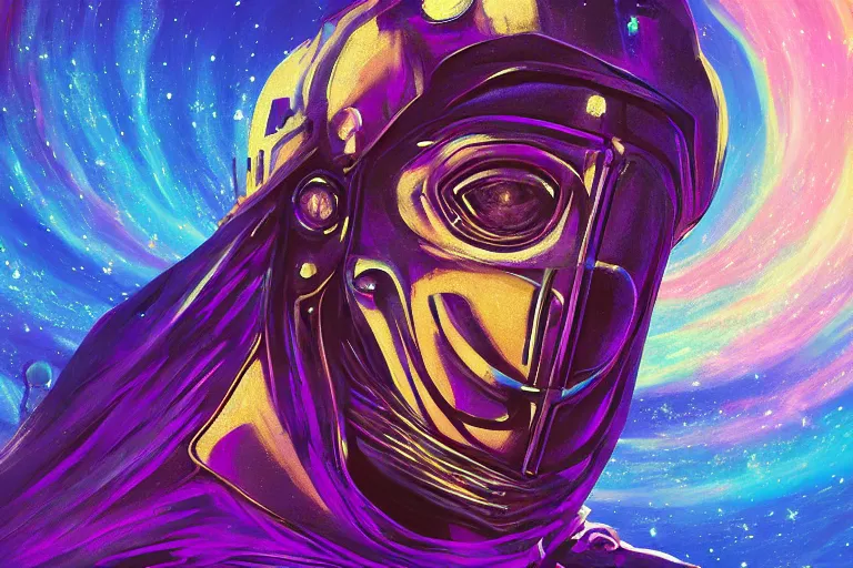 Image similar to digital art of a spiritual medieval knight looking up at the stars, acrylic art, universe, painting, pastel colors, synthwave, retro, cyberpunk,