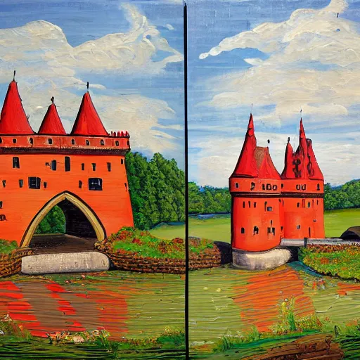 Prompt: a painting of a castle with a red roof, banners flying from the turrets, a green countryside and a stone arch bridge over it, diptych, traditional folk art painting on wood, traditional narrowboat painting on wooden panels