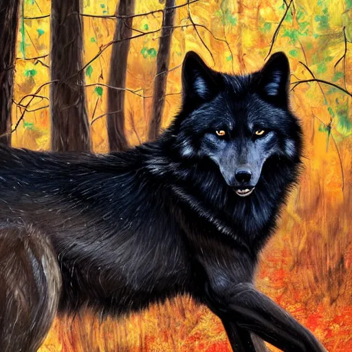 Image similar to wild and majestic black wolf beautifully standing in the shadows of some trees on a sunny day in a forest with heterochromia eyes, award winning, oil painting, high detail, high quality, 4k, stunning