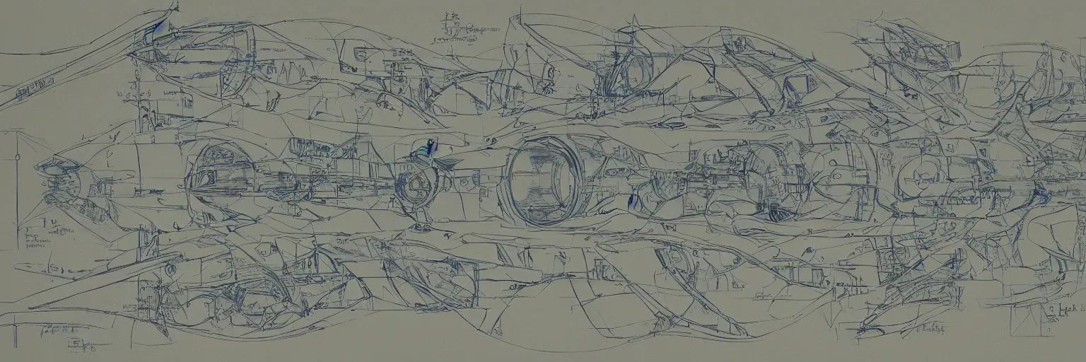 Image similar to blueprint for a sentient starship, technical drawing with annotations and notes in the margins, algorithms and physics equations, concept design by peter mohrbacher and craig mullins and hiroshi yoshida and james jean and frank frazetta and michael whelan and andreas rocha