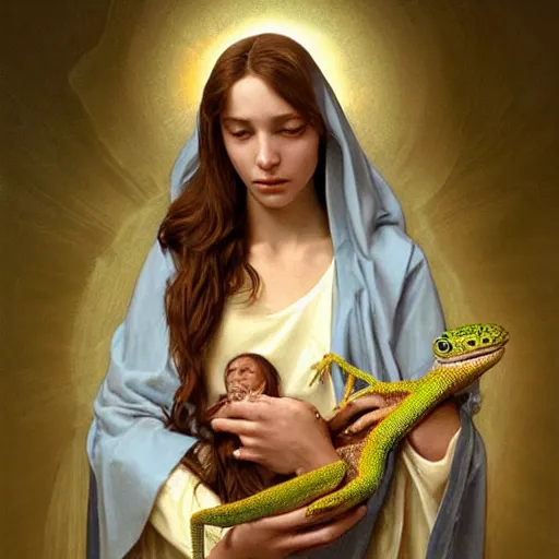 Prompt: the virgin mary holding a baby lizard lizard, highly detailed, digital painting, concept art, smooth, sharp focus, illustration, surrealist, absurd, humorous, photoshop, art by artgerm and greg rutkowski and alphonse mucha