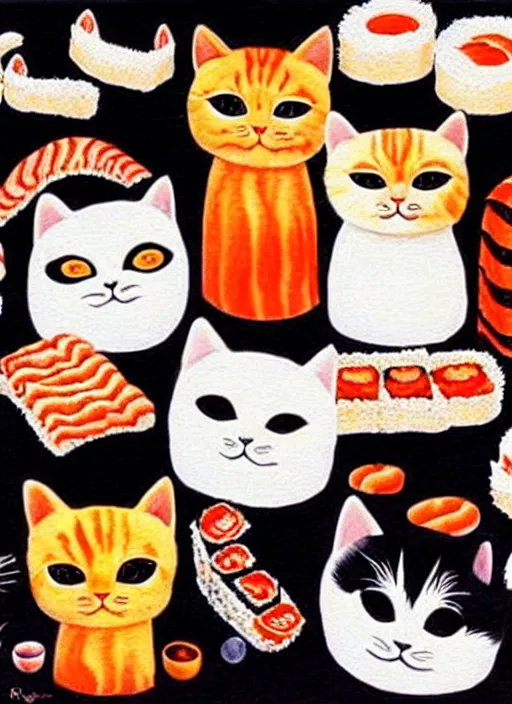 Image similar to clear surrealist painting of adorable cats made out of sushi