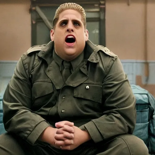 Image similar to movie still of Jonah Hill starring as Guile in the 2026 live action street fighter movie