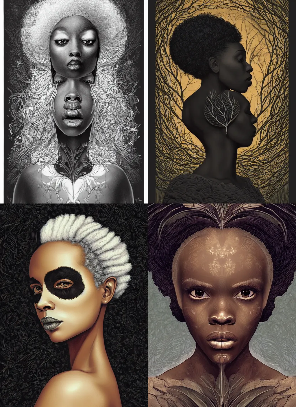 Prompt: a beautiful black womans face, made in profile of flower and leaf skeleton, white hair, in the style of dutch masters and gregory crewdson, dan mumford and justin gerard dark and moody, skin pattern in the style of e. g. seguy