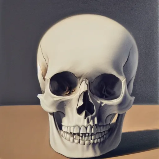 Prompt: hyperrealism painting of a skull on a table, soft shadows