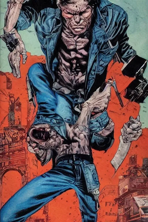 Image similar to ultra violent comic book cover of a contract killer named cobalt. he wear a denim jacket over a bloody white shirt. he has a scar up the side of his face. art by glenn fabry.