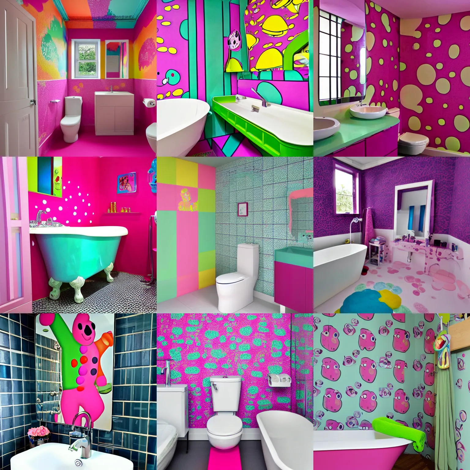 Prompt: mr blobby themed bathroom, vivid colours, detailed