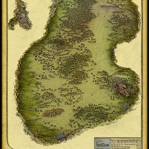 Prompt: an isometric fantasy map, simple, uncluttered, minimal, the land of Odrua, continent with mountains lakes hills and cities, by brian froud by jrr tolkien