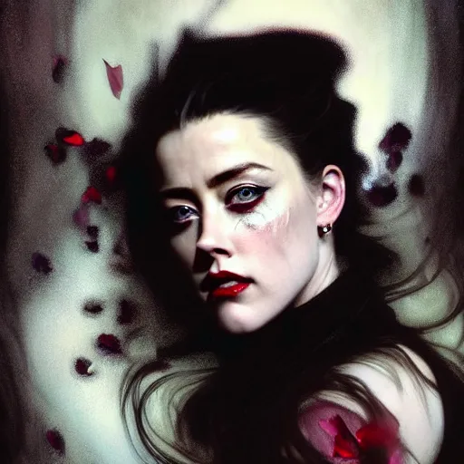 Image similar to hyperrealistic portrait of a woman as amber heard as a vampire witch tears makeup in a black coat turned back while closing a window over the shoulder shot portrait with falling petals in wind. by jeremy mann and alphonse mucha, fantasy art, photo realistic, dynamic lighting, artstation, poster, volumetric lighting, very detailed faces, 4 k, award winning