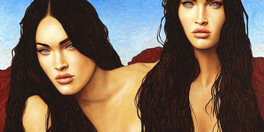 Prompt: megan fox, painting by leonardo da vinci