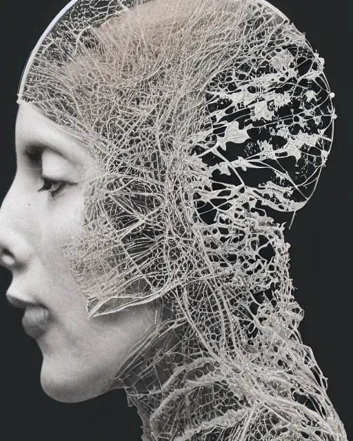 Image similar to a woman's face in profile, wearing a space helmet made of intricate delicate seaweed skeleton, in the style of the dutch masters and gregory crewdson, dark and moody