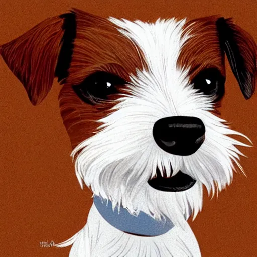 Image similar to a very cute wire haired jack russell terrier puppy. he is white with brown spots and brown patches over both eyes. clean cel shaded vector art. shutterstock. behance hd by lois van baarle, artgerm, helen huang, by makoto shinkai and ilya kuvshinov, rossdraws, illustration, art by ilya kuvshinov