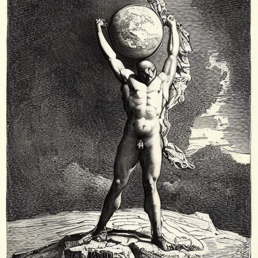 Prompt: a painting by Gustave Doré of atlas holding the earth on his back