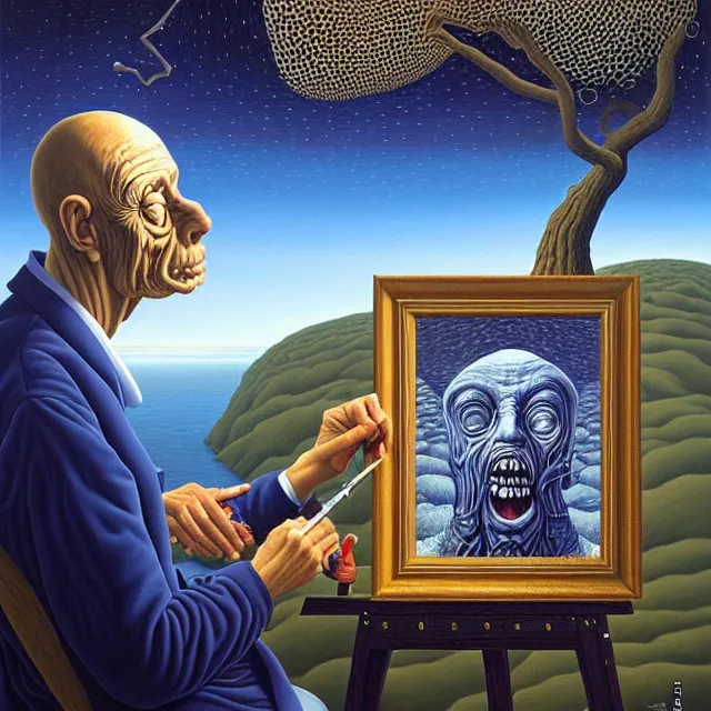 Image similar to an oil on canvas portrait of a man painting a portrait of a monster, surrealism, surrealist, cosmic horror, rob gonsalves, high detail