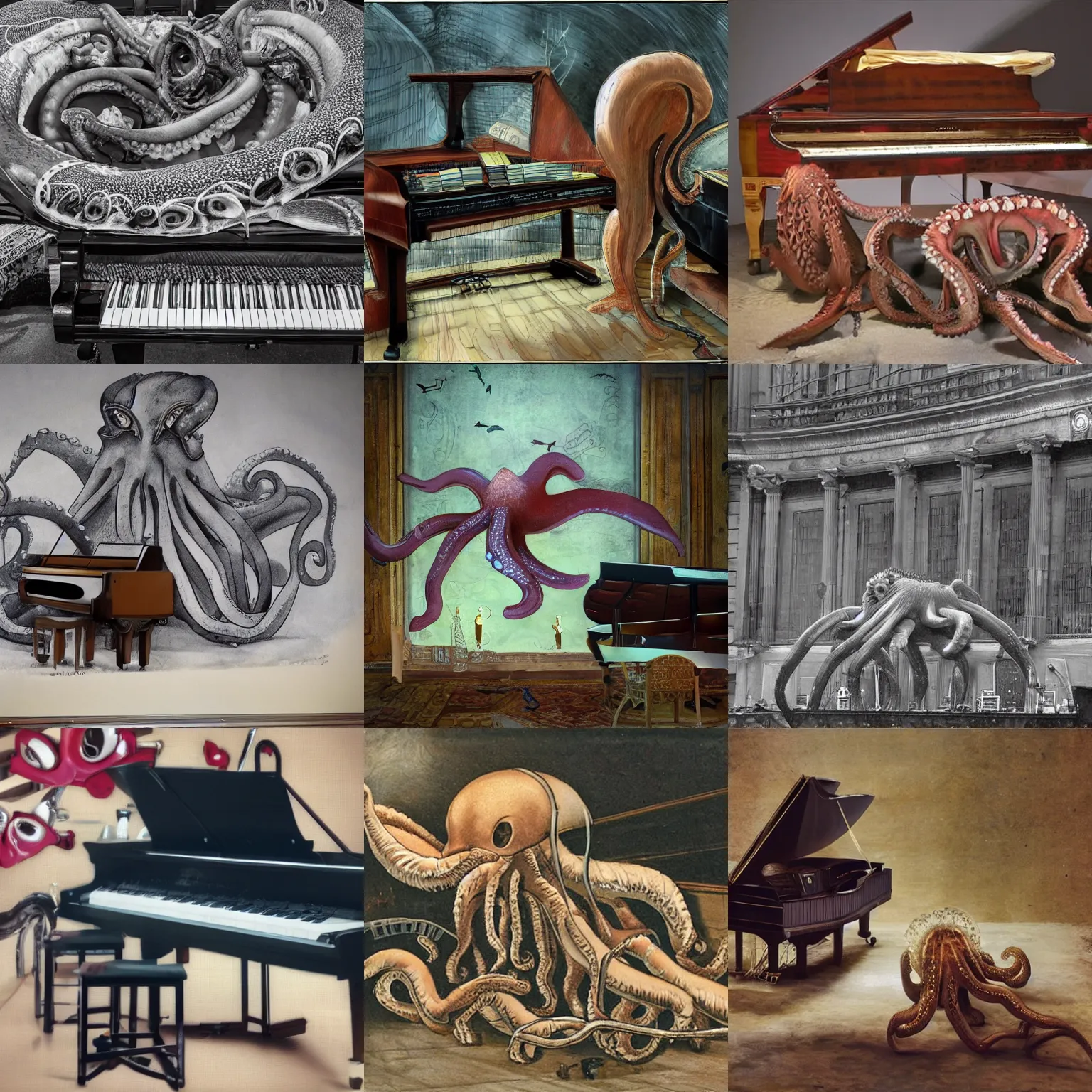 Prompt: a photo of a giant octopus playing grand piano,