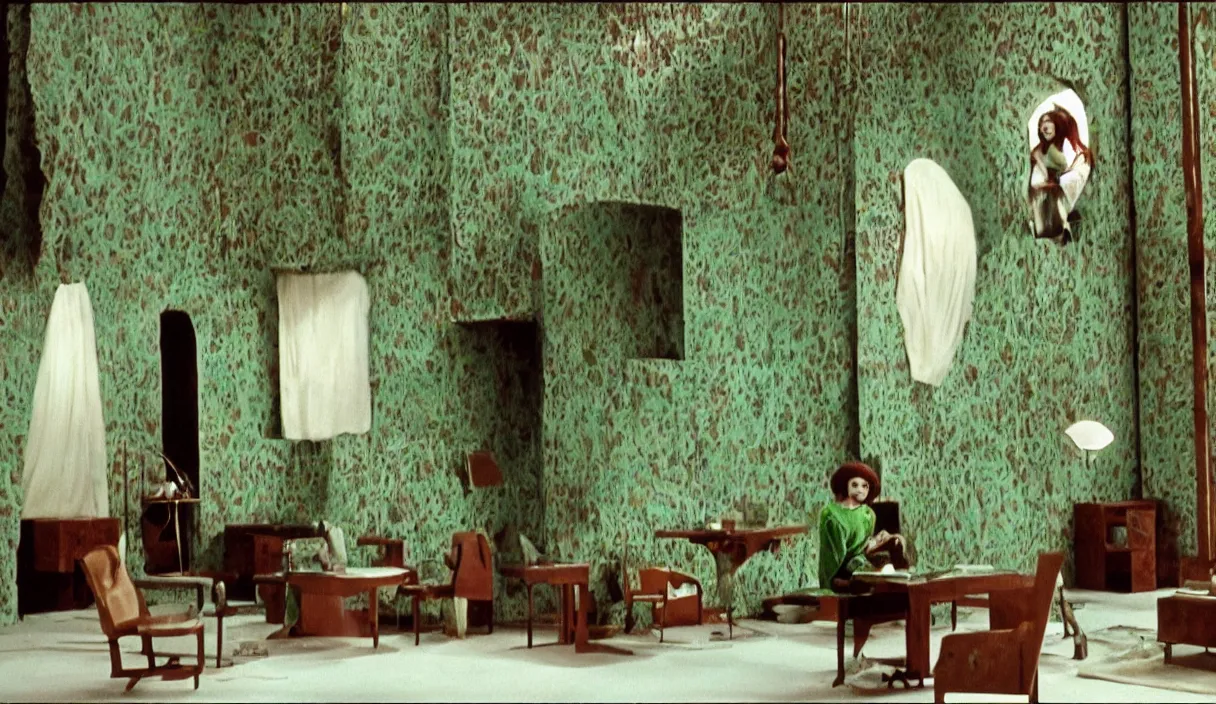 Image similar to a still of severance series indoor 7 0 s green velvet and wood with metal furniture office scenario appearing in a film of parajadnov, in movie color of the pomegranates ( 1 9 6 9 )