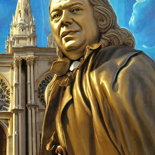 Image similar to highly detailed painting of a statue of bach infront of a cathedral, people are walking past the statue and cathedral, 4 k resolution, by jaquis luis david, visible paint layers, renaissance.