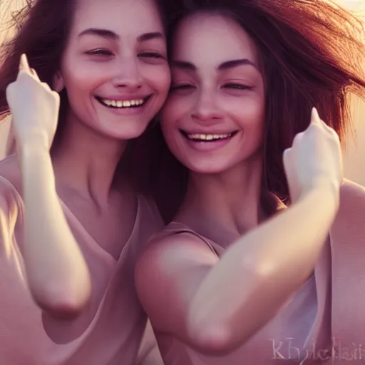 Prompt: beautiful serene intricate portrait of identical twin women, taking a selfie, smiling softly, relaxing on the beach, wearing casual clothes golden hour, soft focus, 8 k, art by irakli nadar, hyperrealism, hyperdetailed, ultra realistic