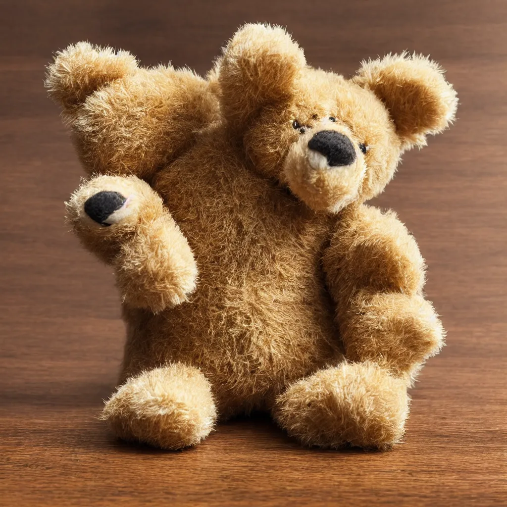 Image similar to close up view of a teddy bear on top of a wooden table, 8k, photorealistic, proper shading