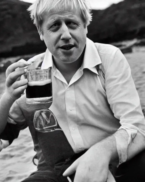 Image similar to film still close - up shot of boris johnson drinking a beer on the beach from the movie monty python's the meaning of life. photographic, photography