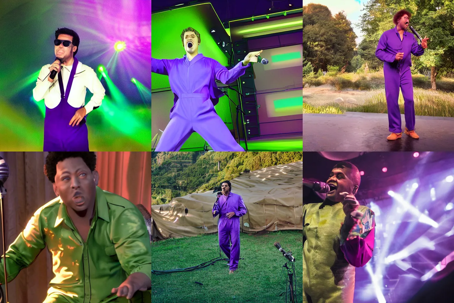 Prompt: Green hills, sunny, man in purple jumpsuit singing into a microphone, cinematic lighting