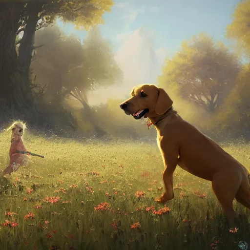 Prompt: blond chiweenie and blond goldendoodle, field of flowers, oil painting, Tooth Wu, Greg Rutkowski, RPG portrait, dynamic lighting, fantasy art, High contrast, depth of field