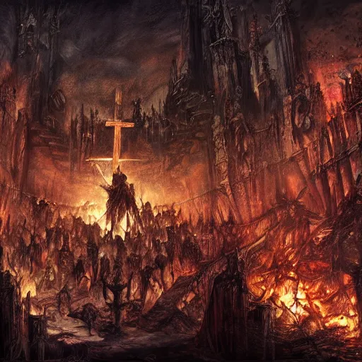 Image similar to a religious scene, chaos, night, rot, blood, epic art, dark souls, highly detailed, intricate background