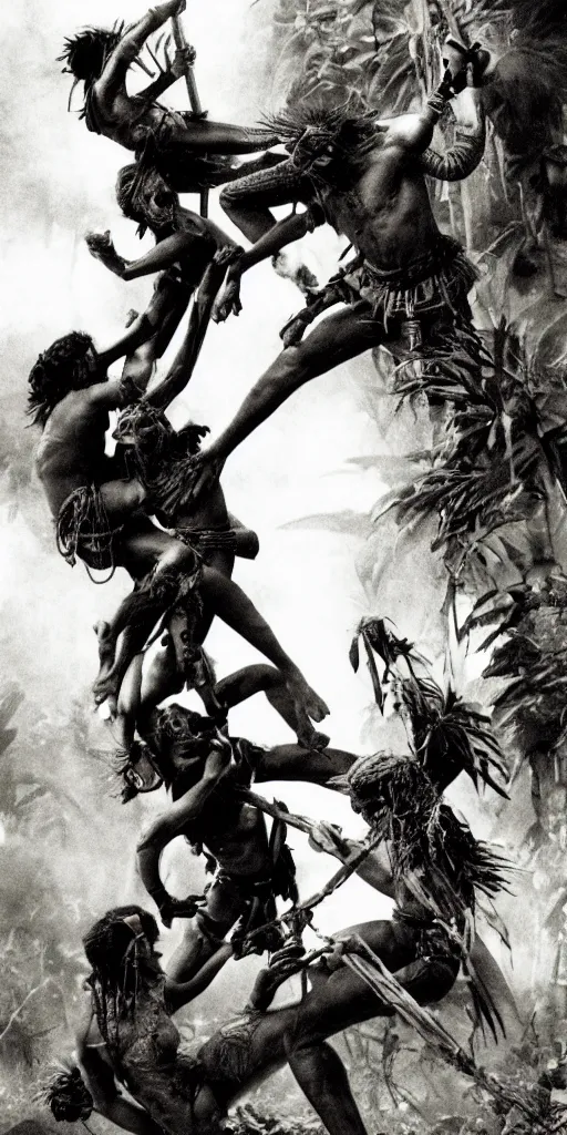 Image similar to editorial photo of battle in jungle, aztec and Amazonian climbing onto another and fight, epic, vintage, blood, slight inspiration of Boris vallejo and apocalypto, war photography