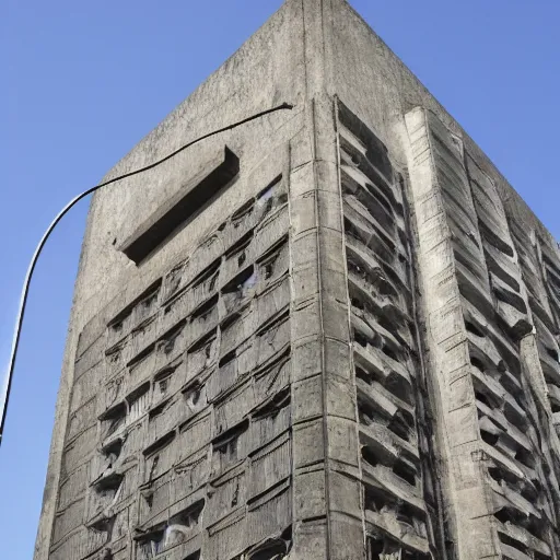 Prompt: a huge brutalist building with roman empire insignia hanging from the top of it