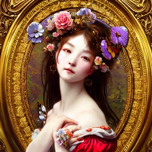 Image similar to a masterpiece ultrarealistic ultradetailed portrait of beautiful love girl maid lady baroque renaissance. medium shot, intricate, elegant, by stanley artgerm lau, wlop, alphonse mucha, rossdraws, andrei riabovitchev, yoshitaka amano. flower background my james jeand and takashi murakami.