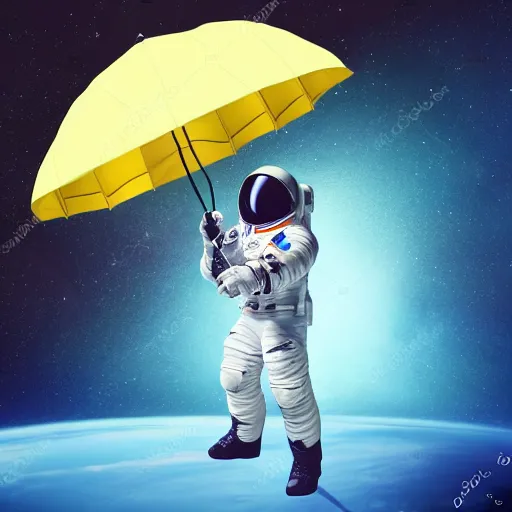 Image similar to astronaut gliding through space with an umbrella, high quality photorealistic, long shot from the back