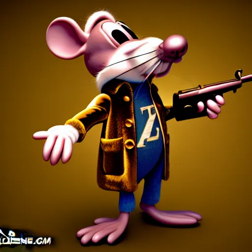 Image similar to 3d anthropomorphic rat, disney pixar, holding tommy gun, velvet, fur coat, high quality, golden necklace, fendi, high fashion