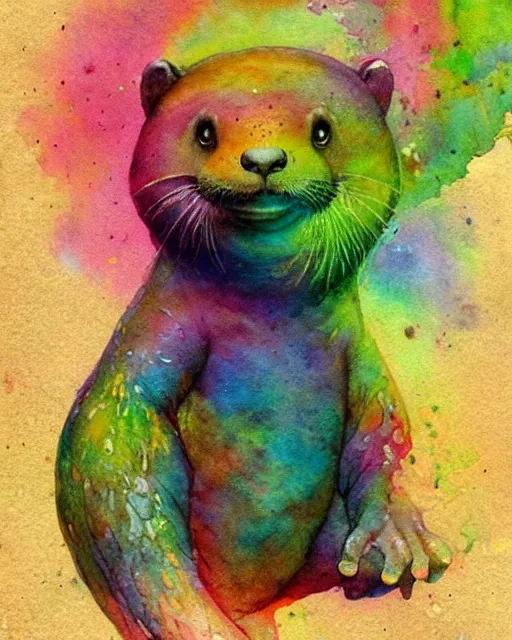 Prompt: detailed magical rainbow otter by jean - baptiste monge and frank frazetta, post processing, painterly, book illustration watercolor granular strong darksplatter dripping paper texture, ink outlines, painterly, trending on artstation, trending on pinterest childrens art