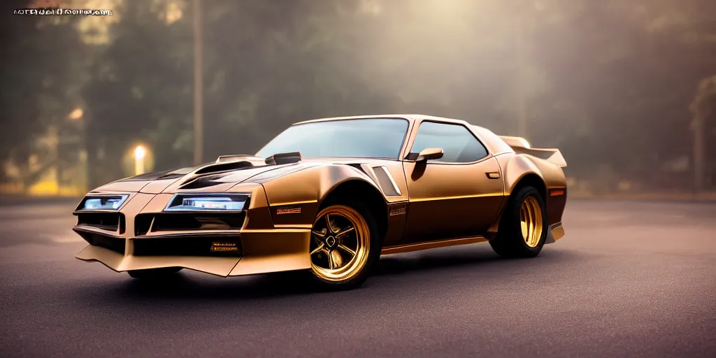 Image similar to parked black Pontiac Firebird Trans Am from Knight Rider, fog, rain, volumetric lighting, beautiful, golden hour, sharp focus, ultra detailed, cgsociety