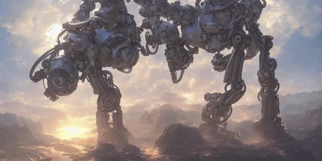 Image similar to humanoid robot mech from made in abyss by akihito tsukushi, backlight, centered rim lighting, deep focus, d & d, fantasy, intricate, elegant, highly detailed, digital painting, artstation, concept art, matte, sharp focus, illustration, hearthstone, art by artgerm and greg rutkowski and alphonse mucha