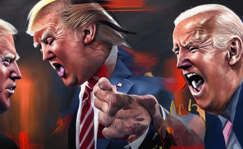 Image similar to a beautiful painting of donald trump and joe biden in a boxing match, cinematic angle, studio lighting, movie concept, trending on artstation, octane render, 8 k, ultra high detail