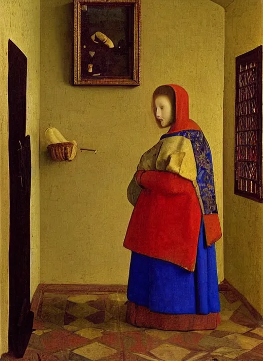 Image similar to artist painting, medieval painting by jan van eyck, johannes vermeer, florence