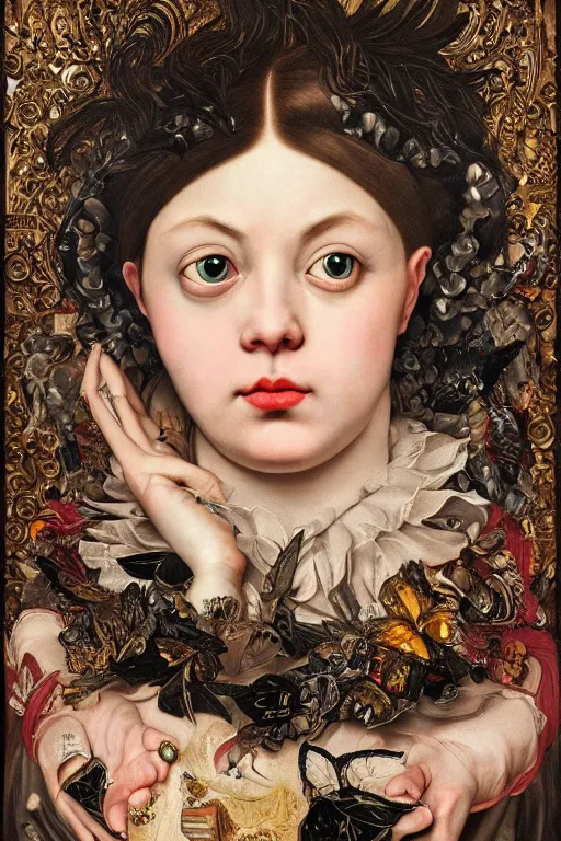 Image similar to Detailed maximalist portrait with large lips and with large, wide eyes, sad expression, extra hands, HD mixed media, 3D collage, highly detailed and intricate, surreal, illustration in the style of Caravaggio, dark art, baroque