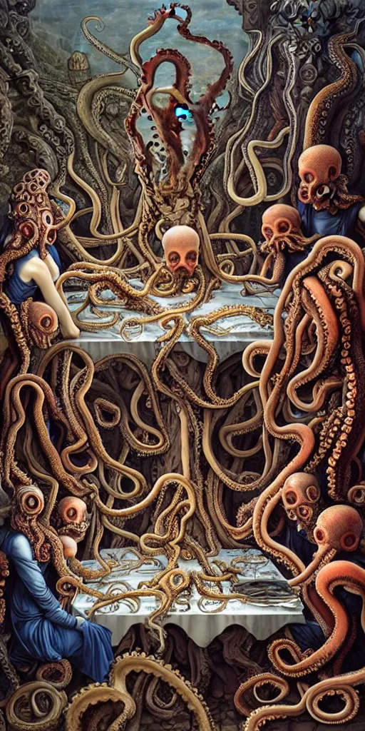 Image similar to group of humans with octopus heads arguing with mages with medusa heads they are sitting near the table in an ancient mage castle with enormous scale, gothic and baroque, brutalist architecture, ultradetailed, Intricate by James Jean and Josan Gonzalez and John Howe and Giuseppe Arcimboldo