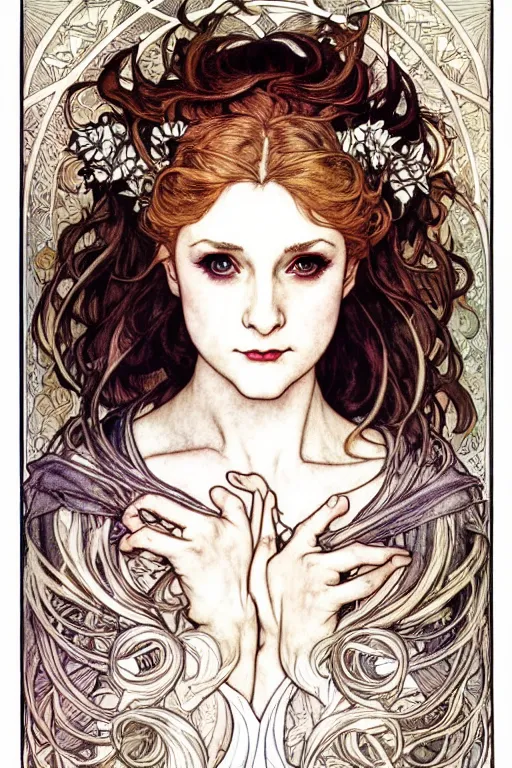 Prompt: in the style of artgerm, arthur rackham, alphonse mucha, evan rachel wood, symmetrical eyes, symmetrical face, flowing white dress