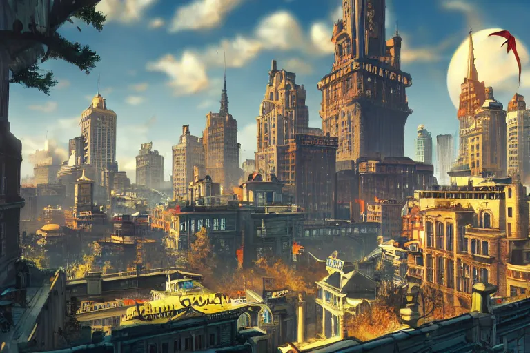 Image similar to beautiful city in the style of a bioshock infinite screenshot, concept art, artstation, deviantart, behance, highly detailed