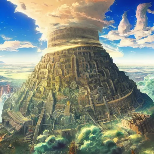 Image similar to Tower of Babel, A mighty city and a tower with its top in the heavens, Atmosphere, Dramatic lighting, Epic composition, Close up, Wide angle, Low angle, by Miyazaki, Nausicaa Ghibli, Breath of The Wild,